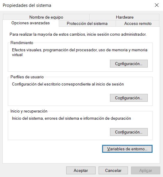 Buscar editar las variables de entorno del sistema